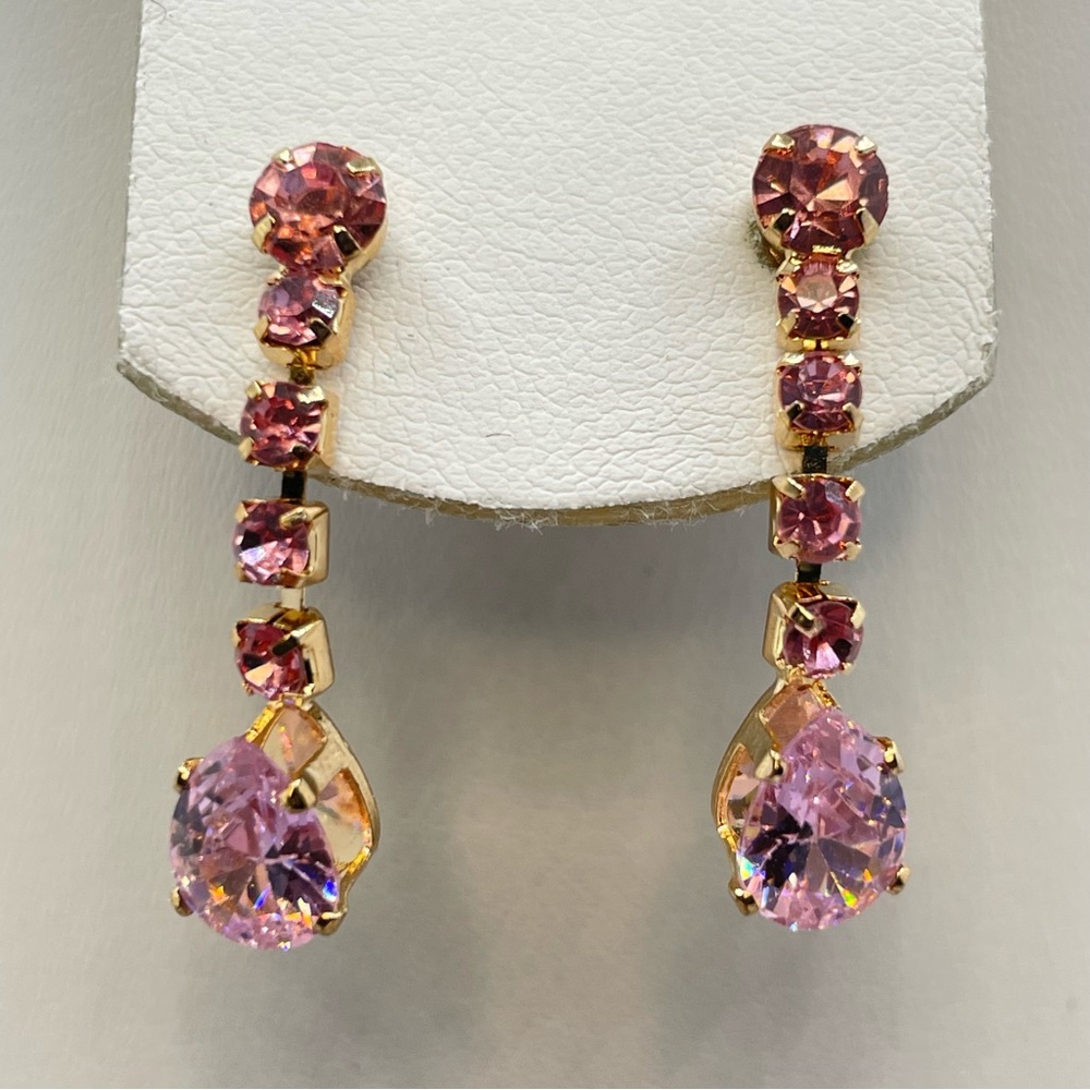 Gold Pink Crystal Dangle Earrings Teardrop Rhinestone Statement Glam Preppy
